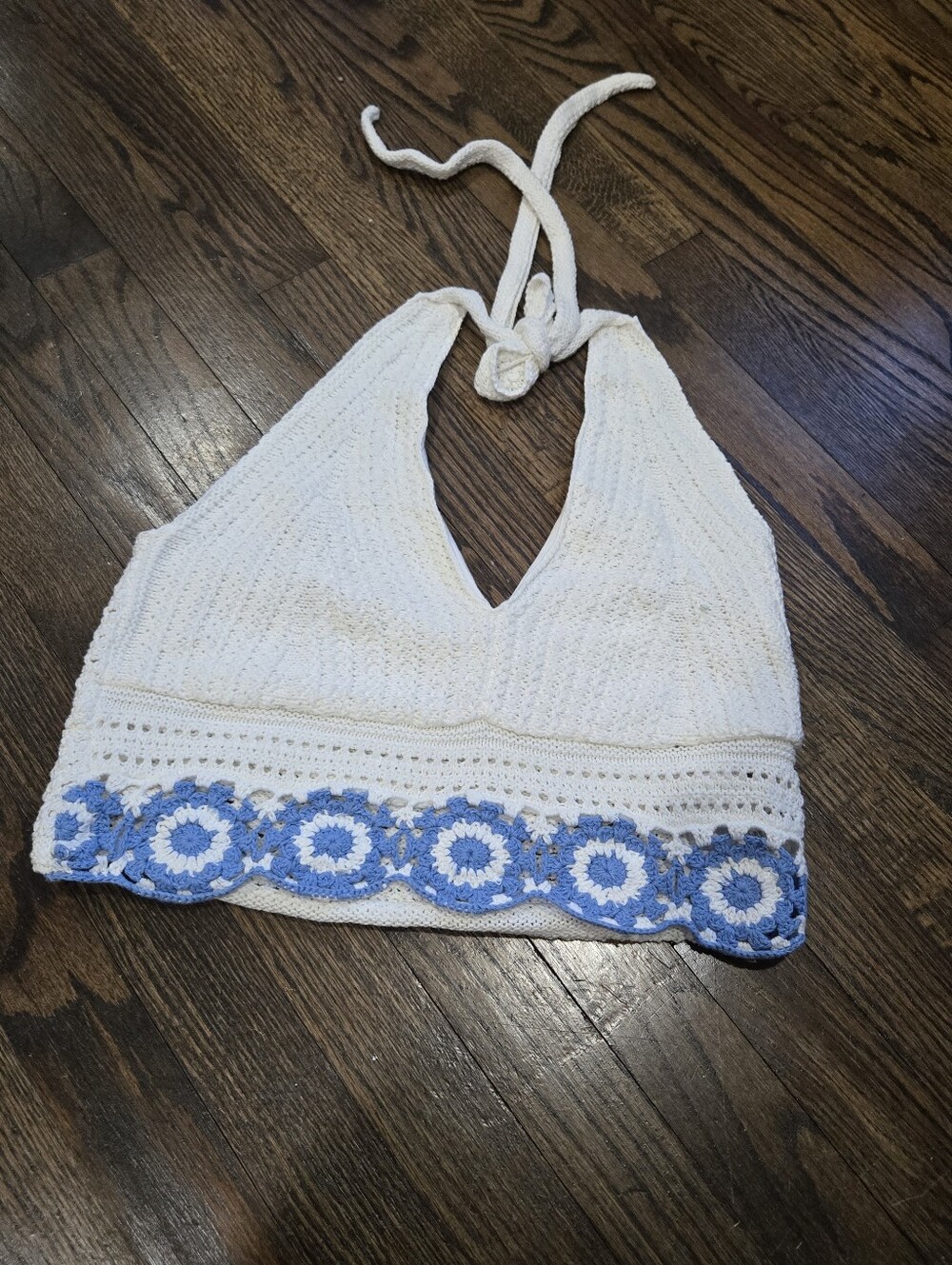 Hollister Crochet Crop Top V-Neck Halter White Blue Flowers Floral Size Large